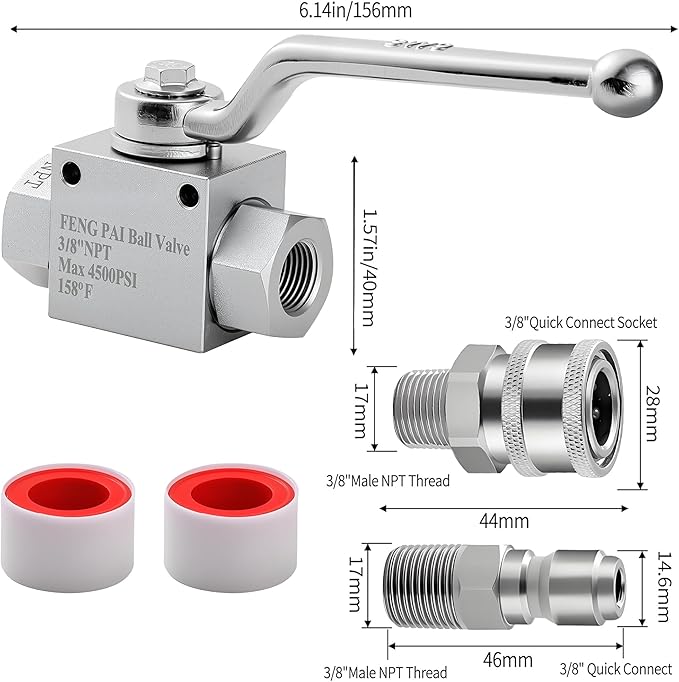 Pressure Washer Ball Valve - Stainless Steel Ball Valve, 3/8" Quick Connect Fittings, 4500 PSI Pressure Washer Hose Kit