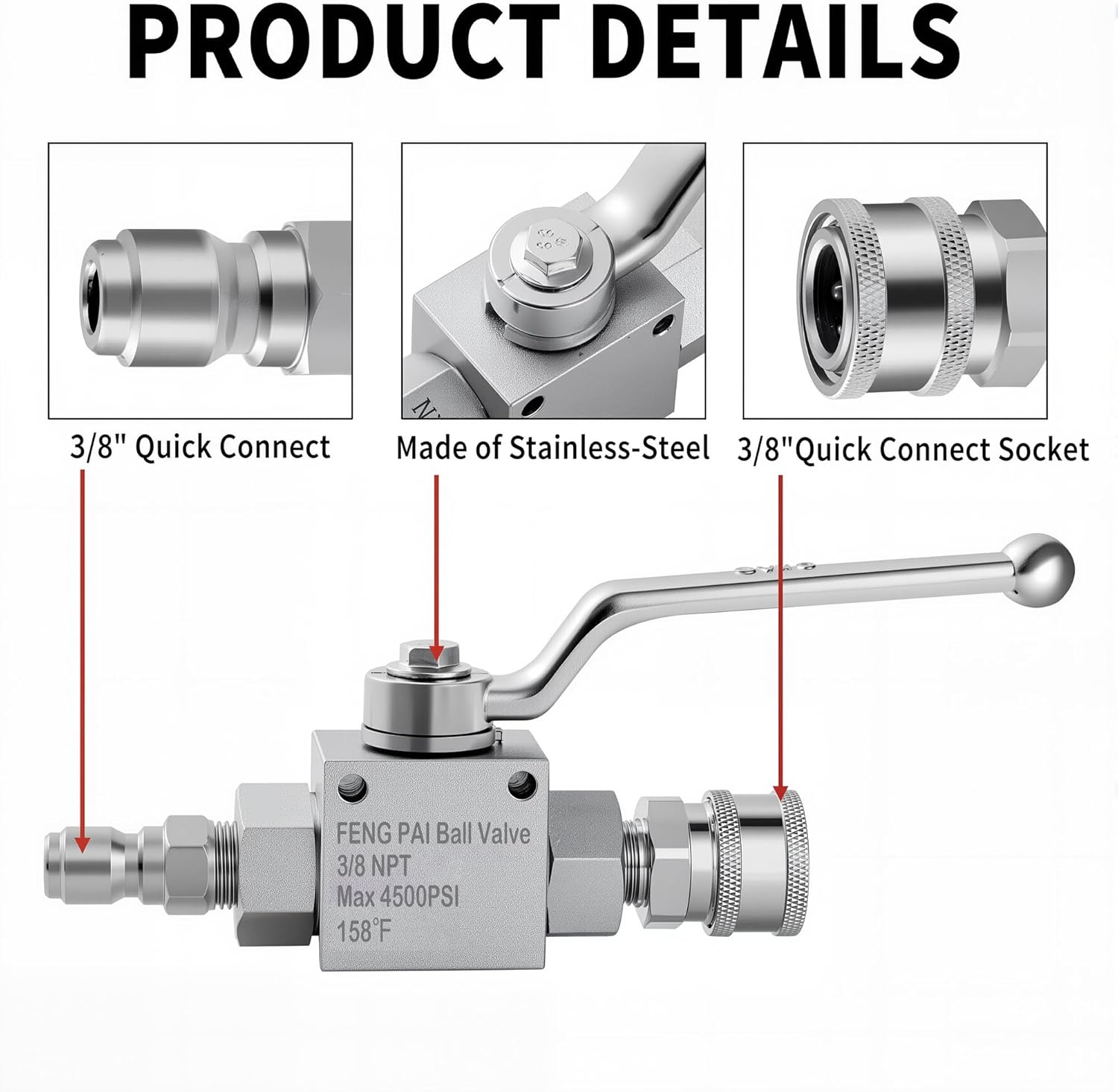 Pressure Washer Ball Valve - Stainless Steel Ball Valve, 3/8" Quick Connect Fittings, 4500 PSI Pressure Washer Hose Kit