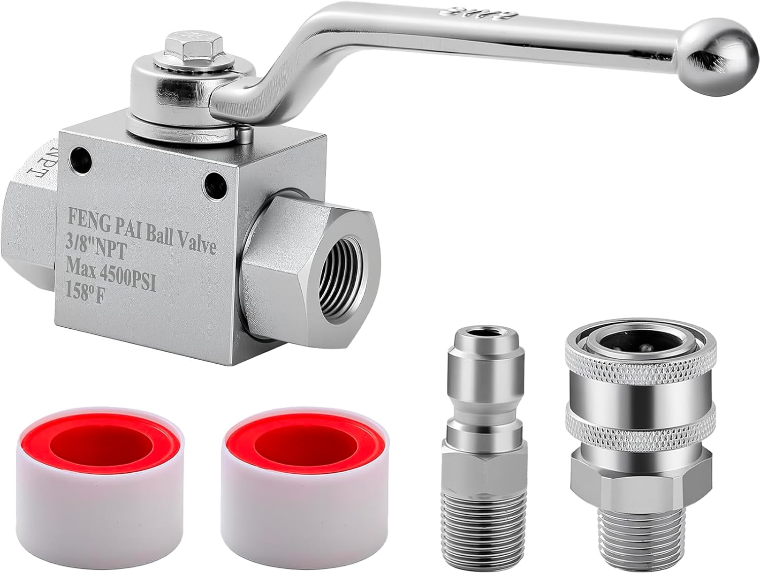 Pressure Washer Ball Valve - Stainless Steel Ball Valve, 3/8" Quick Connect Fittings, 4500 PSI Pressure Washer Hose Kit