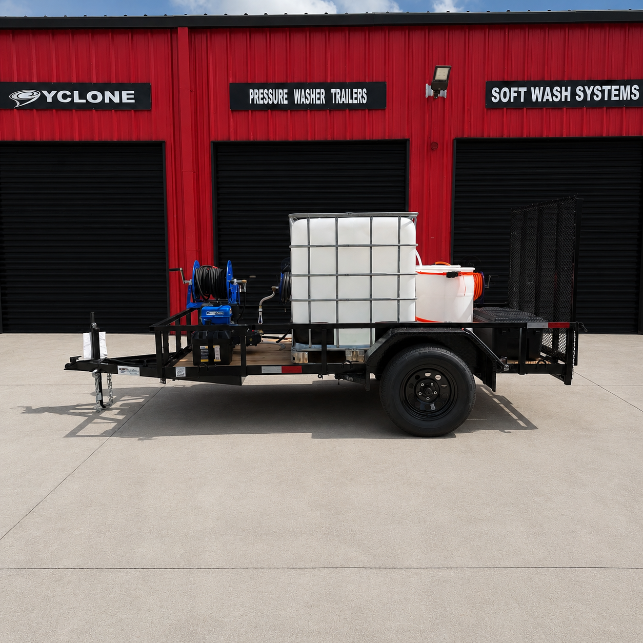 <b>5x10 Cyclone CAT III ProComm </b> </br> Pressure & Softwash  Trailer</br> 18hp Electric Start 4200psi 4.4gpm & 5.5gpm Softwash System - Includes 20" Walk Behind Surface Cleaner