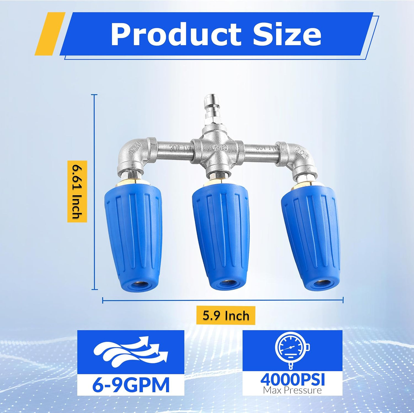 Pressure Washer Nozzle - 3 way -Triple Turbo Nozzle Pressure Washer, 3-in-1 Power Washer Turbo Nozzle with 1/4" Quick Connect, 360° Rotating Turbo Nozzle Tip- 4000 PSI, 4-6 GPM, 2.0 Orifice, Blue