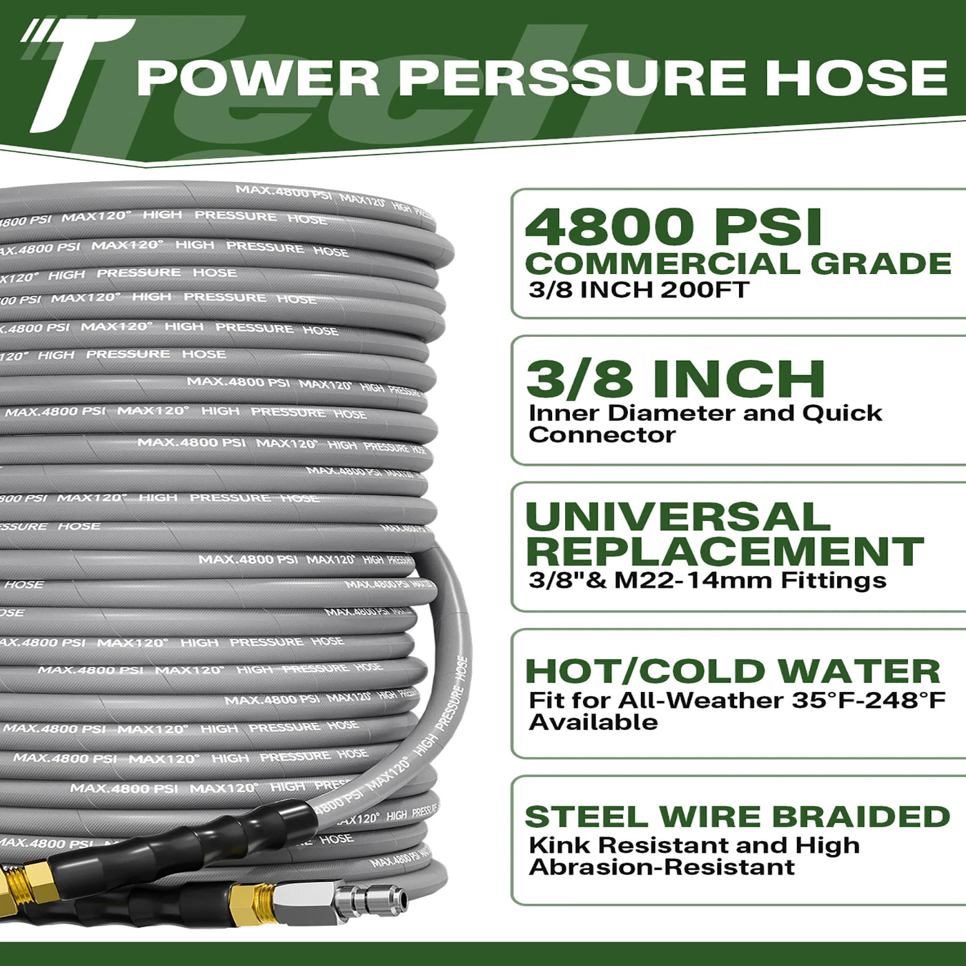 Pressure Washer Hose - CYCLONE 200FT 3/8" 4800PSI Pressure Washer Hose With Swivel Quick Connect