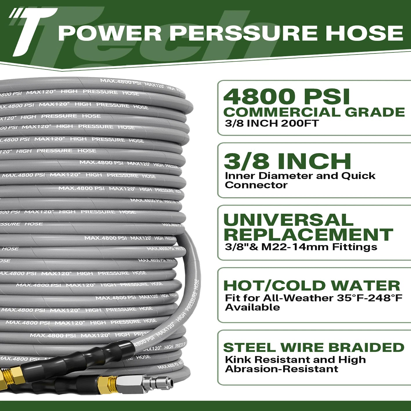 Pressure Washer Hose - CYCLONE 200FT 3/8" 4800PSI Pressure Washer Hose With Swivel Quick Connect