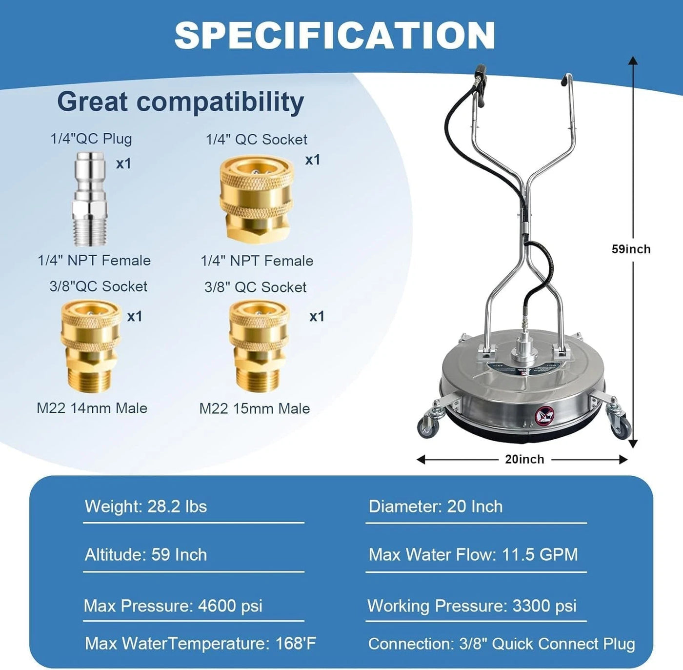 Pressure Washer Surface Cleaner - 20 inch 4600PSI with 4 Wheels & Handle for Driveways